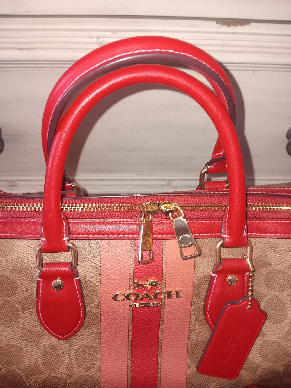 Coach Large Rowan Pink And Red Stripe Tan Signature With Wristlet And Strap - Picture 4 of 15
